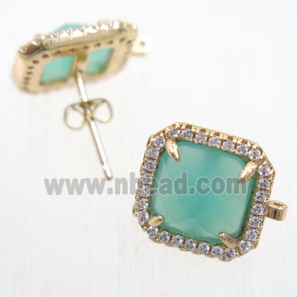 copper square earring studs paved zircon with green crystal glass, gold plated