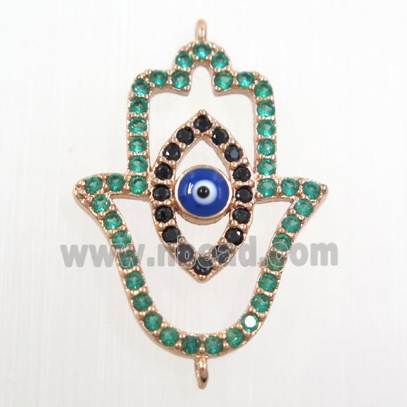 copper HamsaHand connector paved green zircon, evil eye, rose gold