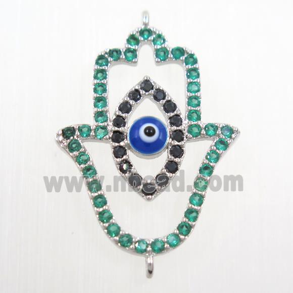 copper HamsaHand connector paved green zircon, evil eye, platinum plated