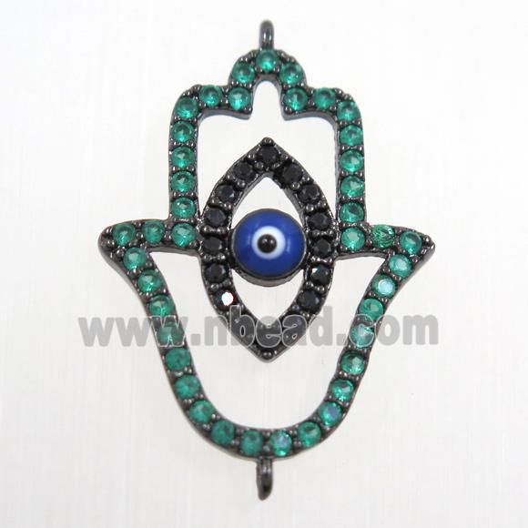 copper HamsaHand connector paved green zircon, evil eye, black plated