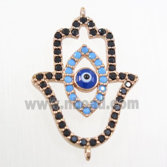 copper HamsaHand connector paved zircon, evil eye, rose gold