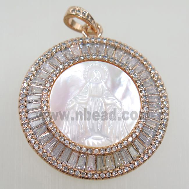 copper circle pendant paved zircon, shell Jesus, rose gold