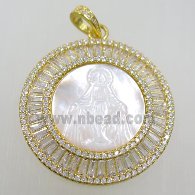 copper circle pendant paved zircon, shell Jesus, gold plated