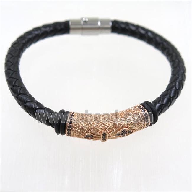 black PU leather cuff bracelet with copper beads pave zircon