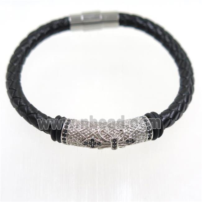 black PU leather cuff bracelet with copper beads pave zircon