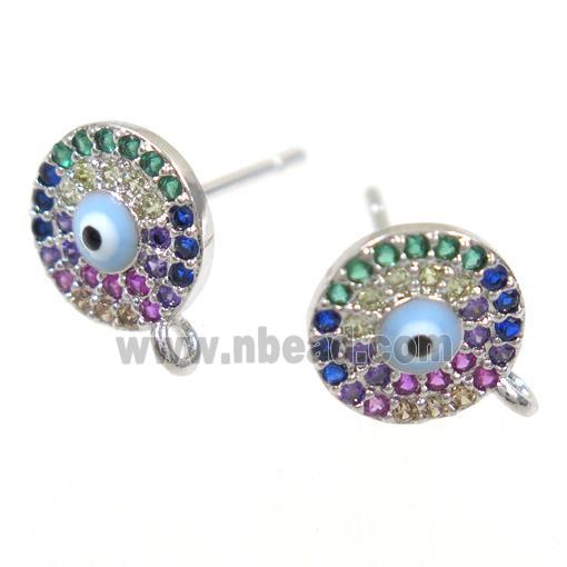 copper Earring Studs paved zircon, evil eye, platinum plated