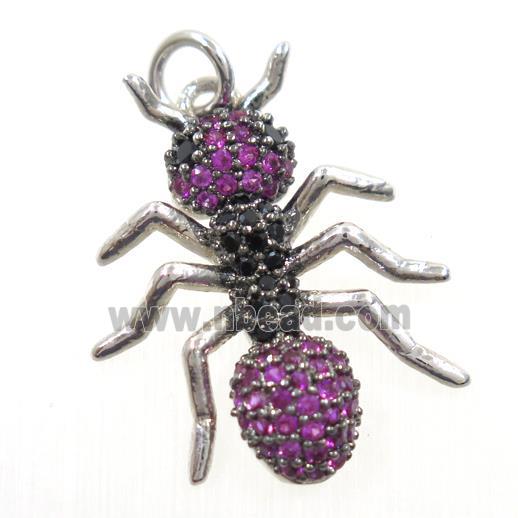 copper Ant pendant paved zircon, platinum plated