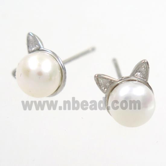 copper earring studs paved zircon, pearl