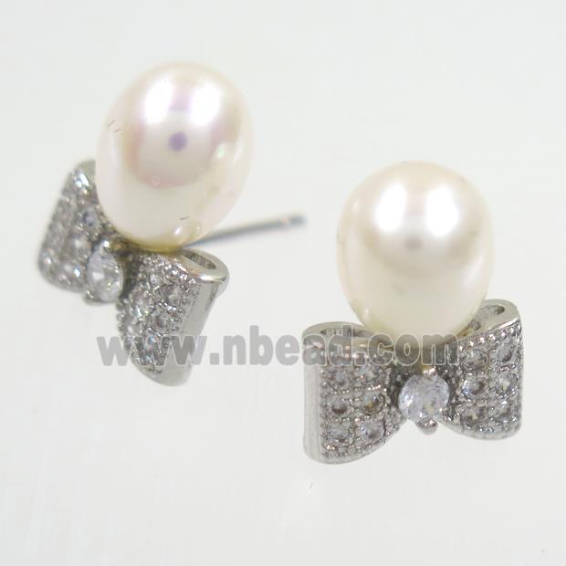 copper earring studs paved zircon, pearl