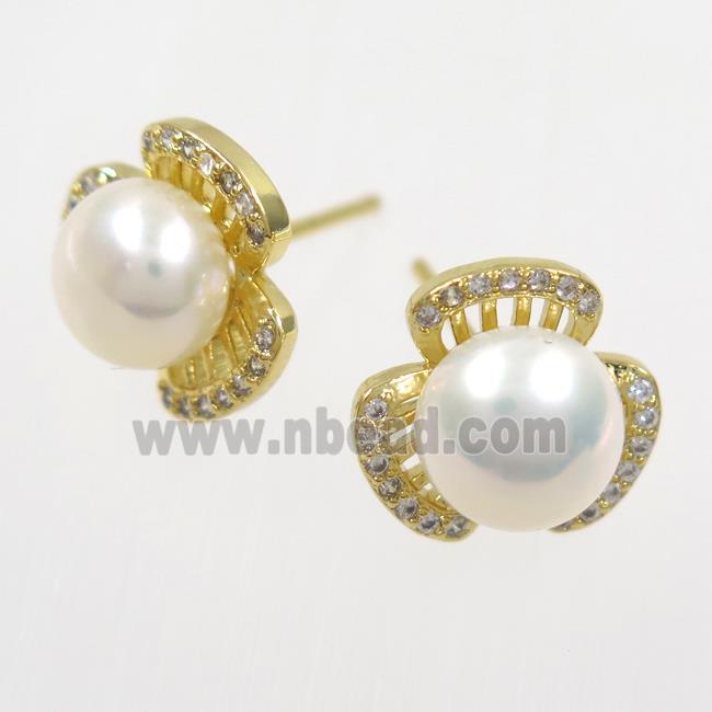 copper earring studs paved zircon, pearl