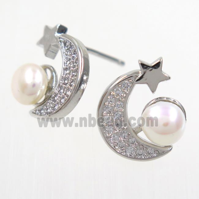 copper earring studs paved zircon, pearl