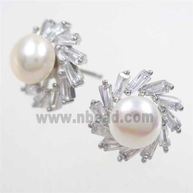 copper earring studs paved zircon, pearl