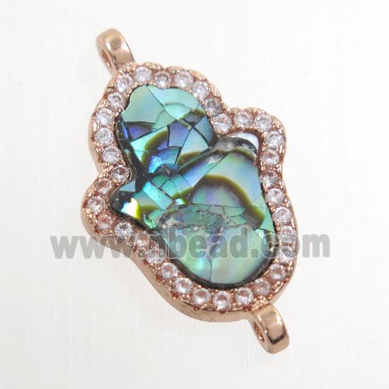 copper hamsahand connector paved zircon with abalone shell, rose gold