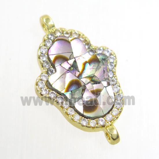 copper hamsahand connector paved zircon with abalone shell, gold plated