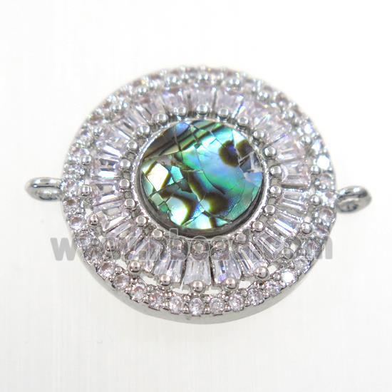 copper circle connector paved zircon with abalone shell, platinum plated