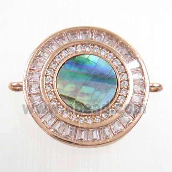 copper circle connector paved zircon with abalone shell, rose gold