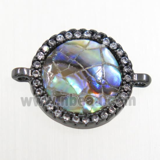 copper circle connector paved zircon with abalone shell, black plated