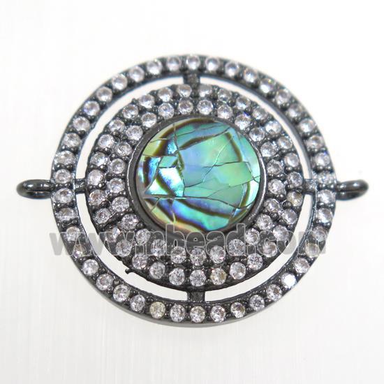 copper circle connector paved zircon with abalone shell, black plated