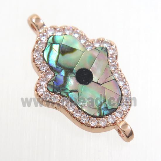 copper hamsahand connector paved zircon with abalone shell, rose gold