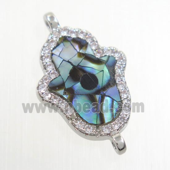 copper hamsahand connector paved zircon with abalone shell, platinum plated