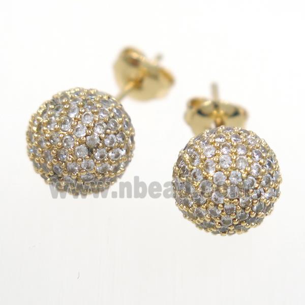 copper earring studs paved zircon, round, gold plated