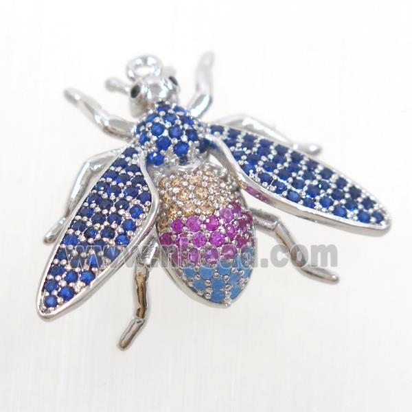 copper honeybee charm pendant paved zircon, platinum plated