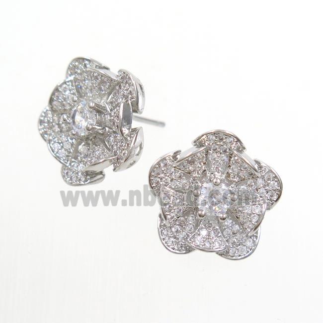 copper flower Earring studs paved zircon, platinum plated