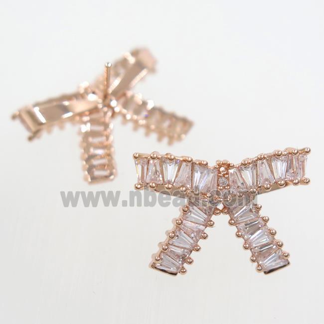 copper Earring studs paved zircon, cancer ribbons, rose gold