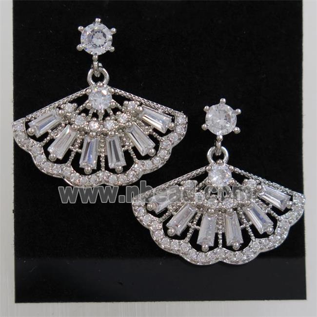 copper fan earring paved zircon, platinum plated