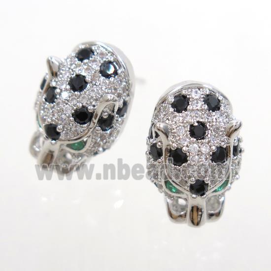 copper leopardhead earring studs paved zircon, platinum plated