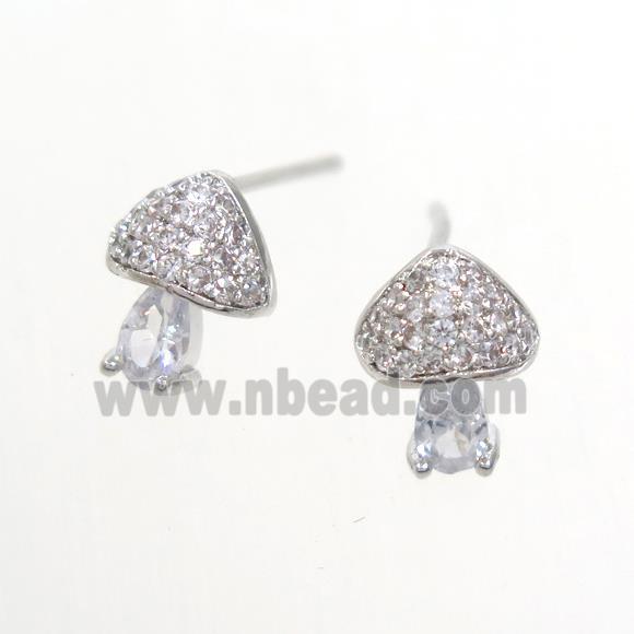 Copper Mushroom Stud Earring Pave Zircon Platinum Plated