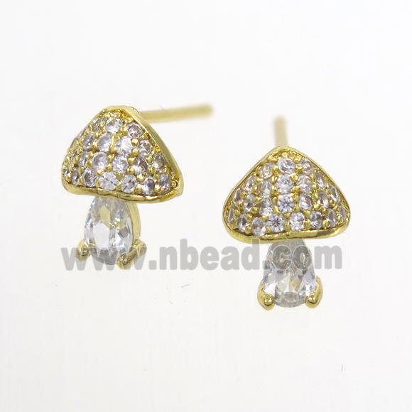 Copper Mushroom Stud Earring Pave Zircon Gold Plated