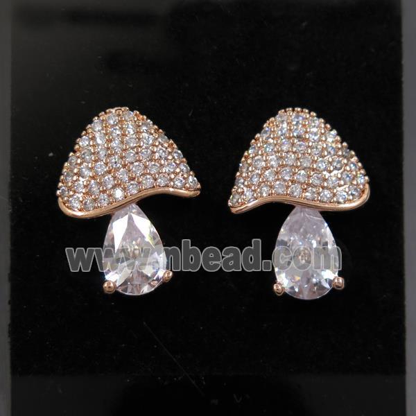 Copper Mushroom Stud Earring Pave Zircon Rose Gold