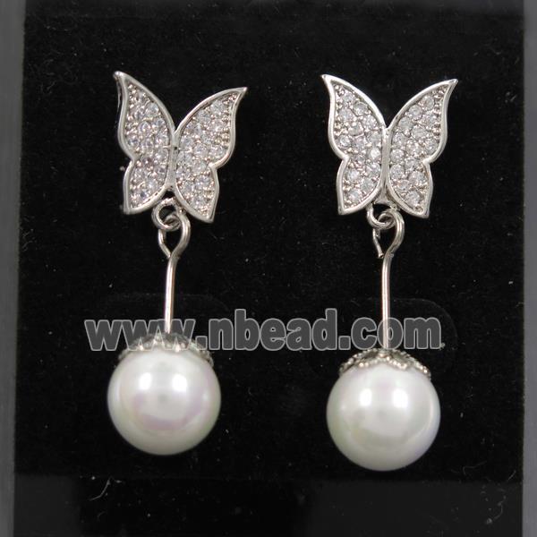 copper butterfly earring paved zircon with pearlized shell, platinum plated