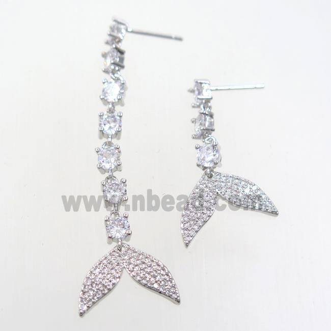 copper earring paved zircon with sharktail, platinum plated