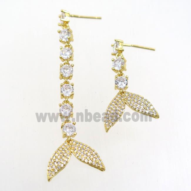 copper earring paved zircon with sharktail, gold plated