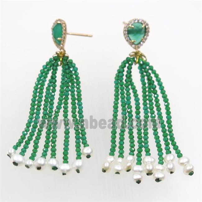 copper earring paved zircon with green crystal glass tassel