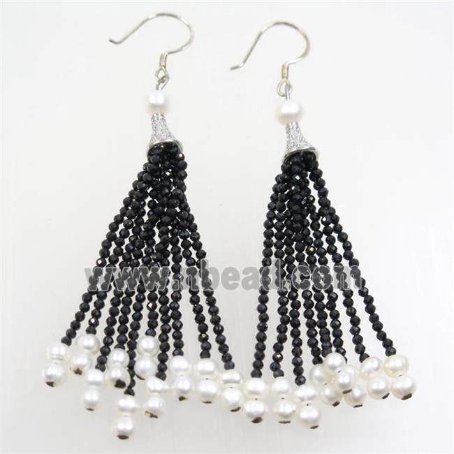 copper earring paved zircon with black crystal glass tassel