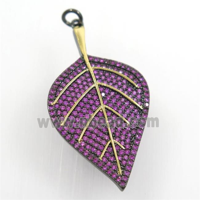 copper leaf pendant paved hotpink zircon, gold plated, black backing