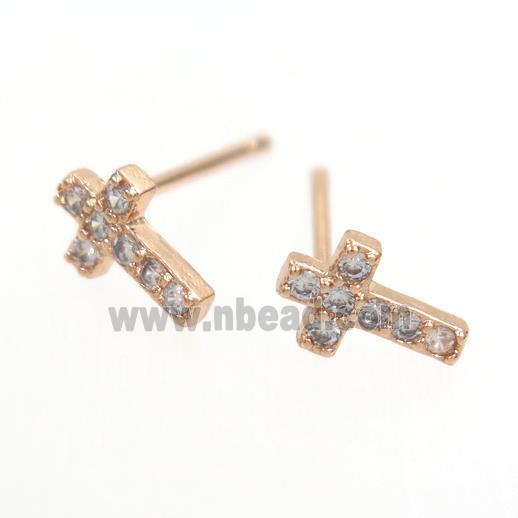 copper cross Earring paved zircon, rose gold