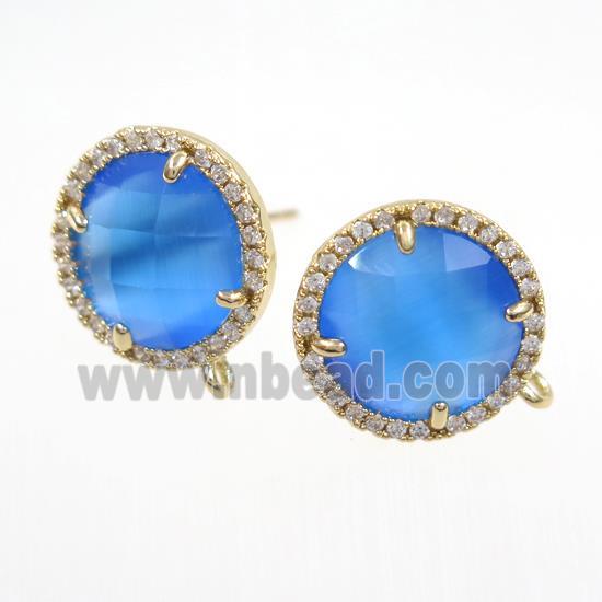 copper earring paved zircon with blue glass crystal