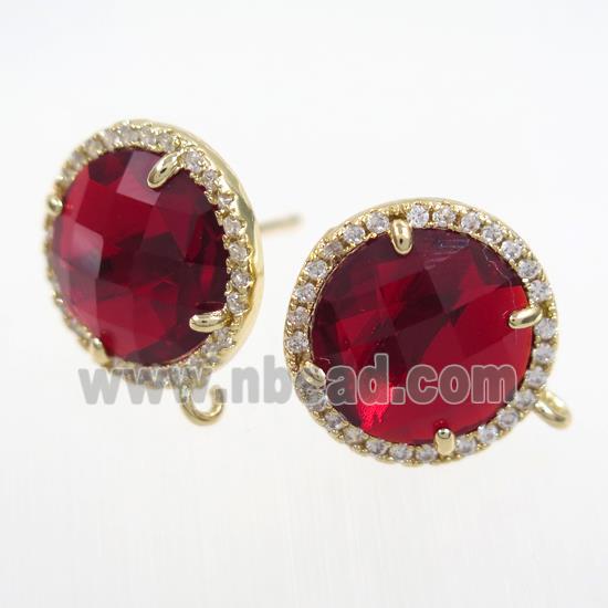 copper earring paved zircon with ruby glass crystal