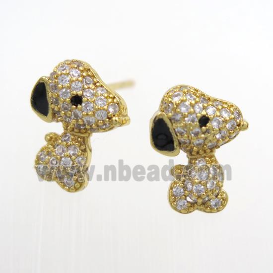 copper dog earring studs paved zircon, gold plated