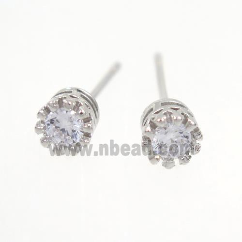 copper earring studs paved zircon, platinum plated