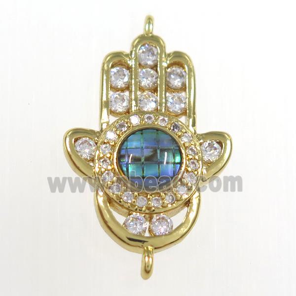 copper hamsahand connector paved zircon with abalone shell, gold plated