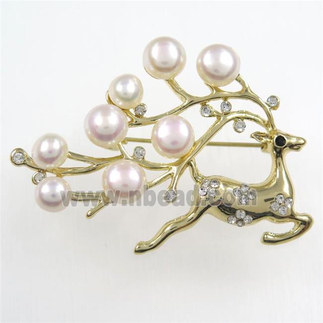 copper christmas Reindeer brooch paved zircon with pearl, gold plated