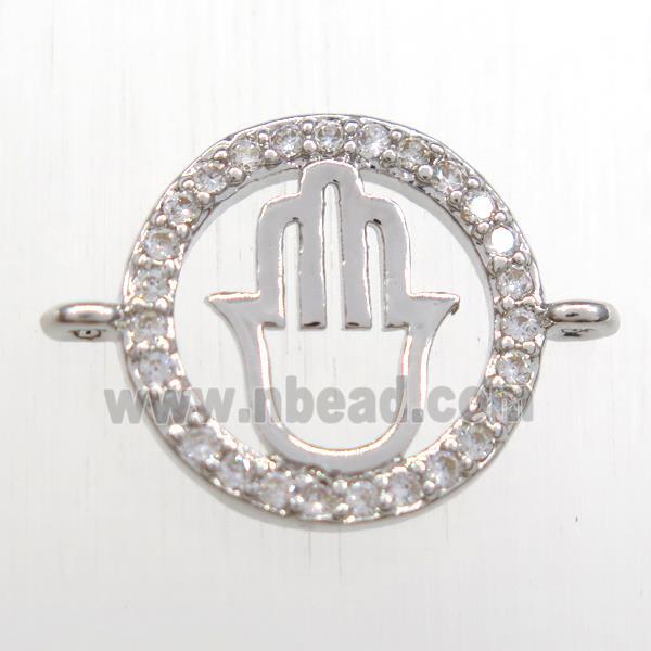 copper hamsahand connector paved zircon, platinum plated