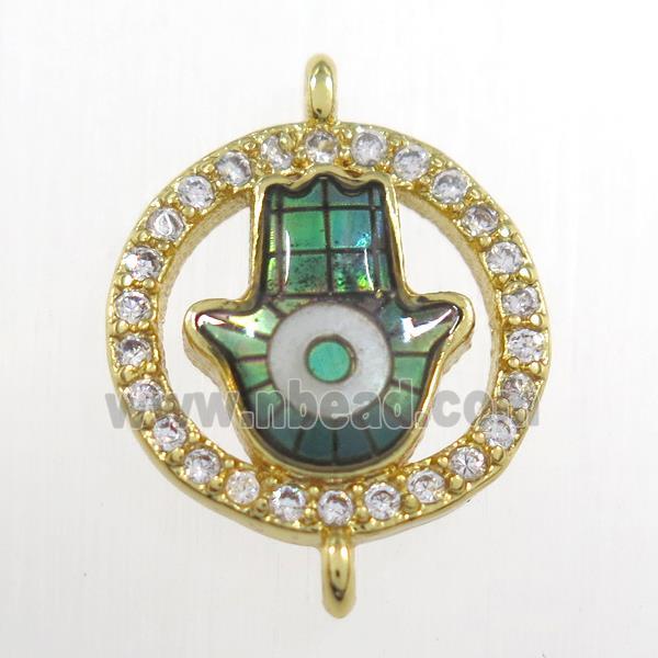 copper hamsahand connector paved zircon with abalone shell, gold plated