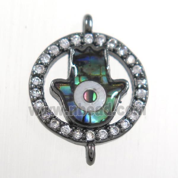 copper hamsahand connector paved zircon with abalone shell, black plated