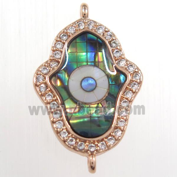 copper hamsahand connector paved zircon with abalone shell, rose gold